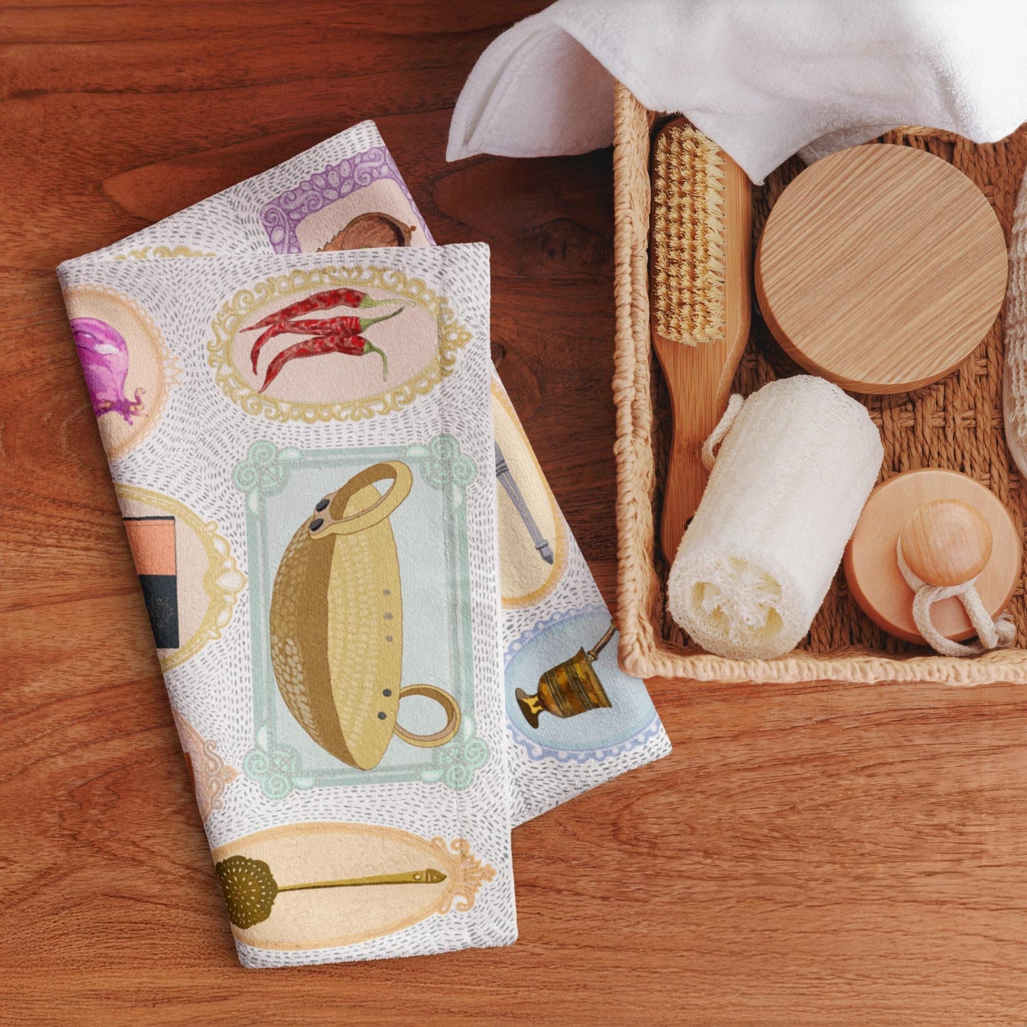 Illustrated Kitchen Towel with Bengali Cooking Essentials