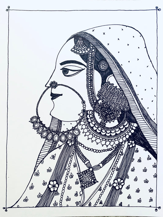 Bejeweled Woman / Black and White Ink Art